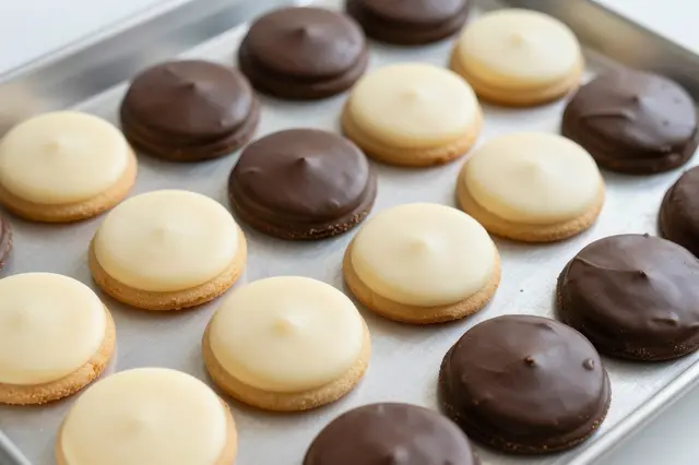 Round iced cookies with white vanilla and dark chocolate icing arranged on a metal baking tray