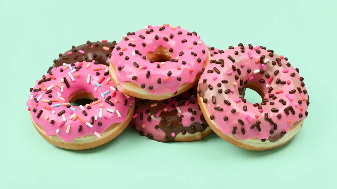 A stack of glazed donuts with pink and chocolate icing and sprinkles sits on a solid mint green background