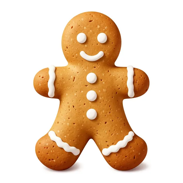 A smiling gingerbread man cookie decorated with white icing sits against a plain white background