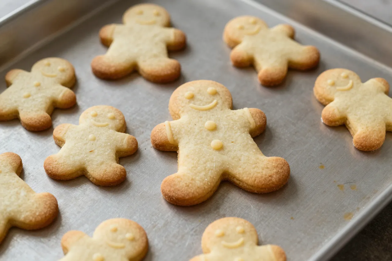 Smiling gingerbread man shaped cookies rest arranged on a metal baking sheet