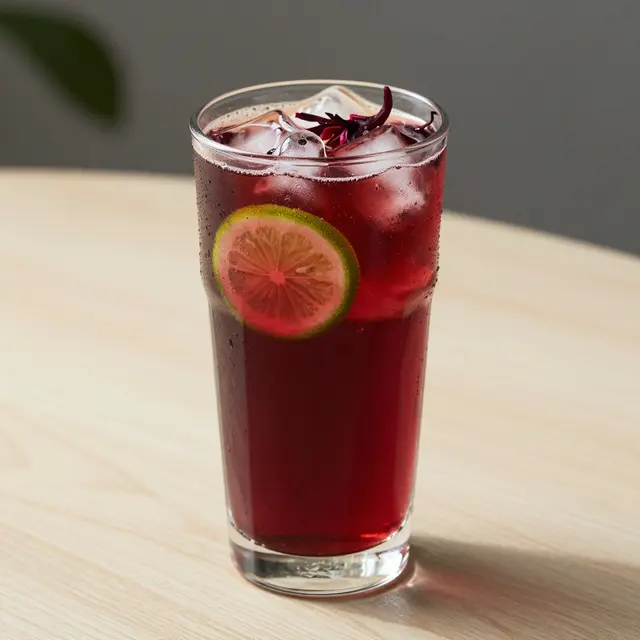 Tall glass of deep ruby iced hibiscus tea with ice, a lime wheel and hibiscus garnish on a light wooden table