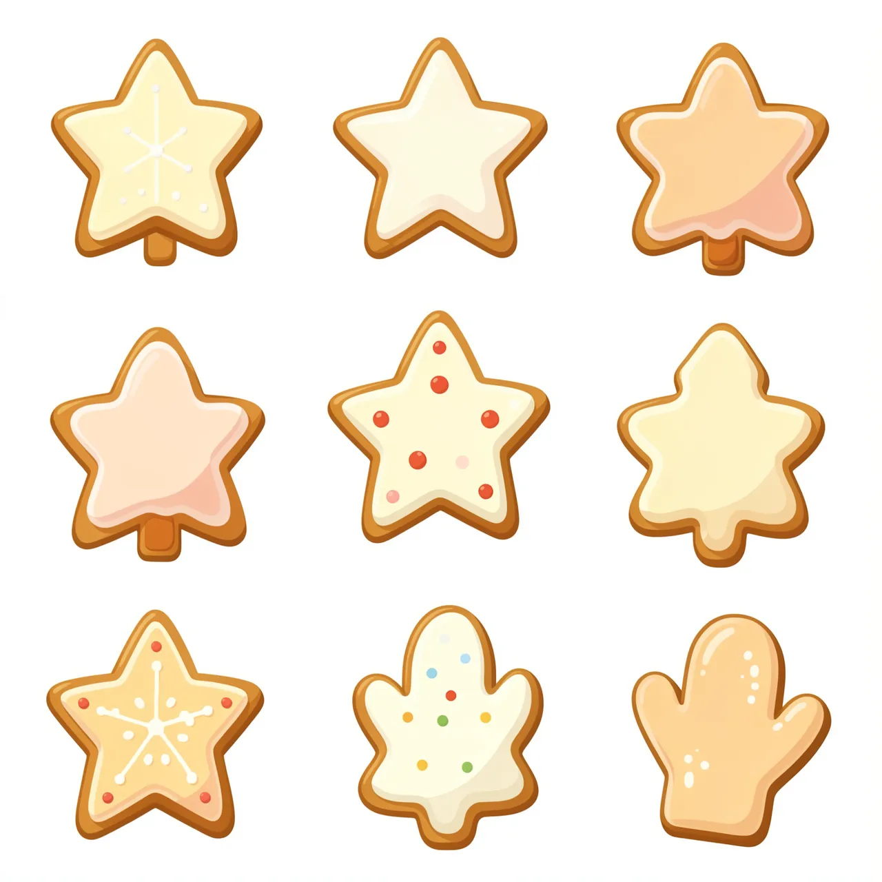 Flat illustration of decorated star, tree, and mitten shaped iced cookies arranged on a plain white background