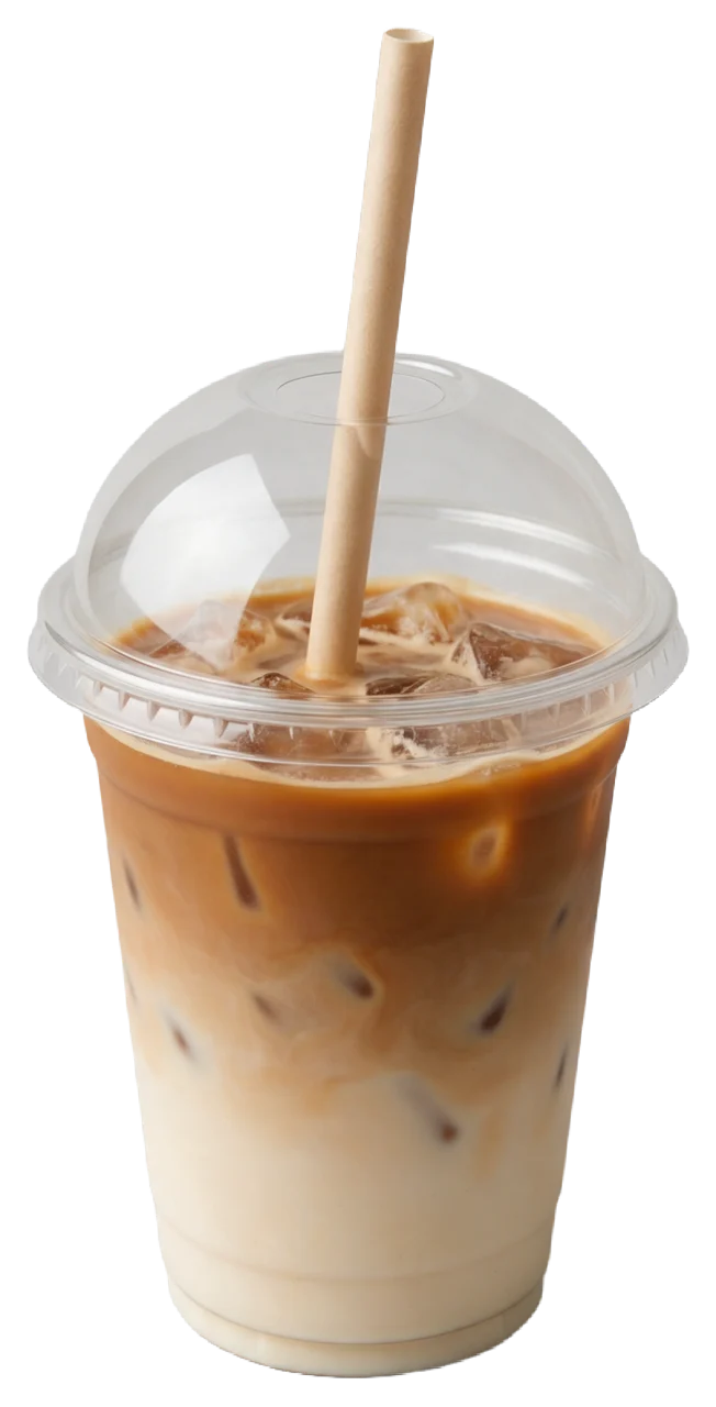 Layered iced latte in a clear plastic takeaway cup with domed lid and paper straw