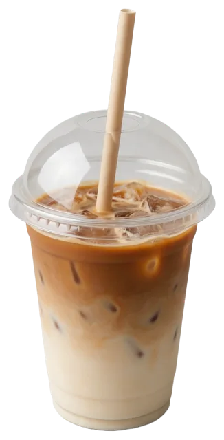 Layered iced latte in a clear plastic takeaway cup with domed lid and paper straw