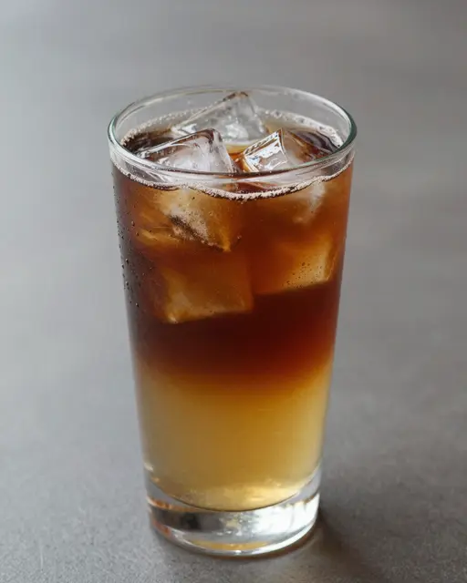 A tall clear glass holds a layered iced espresso tonic on a smooth gray countertop.