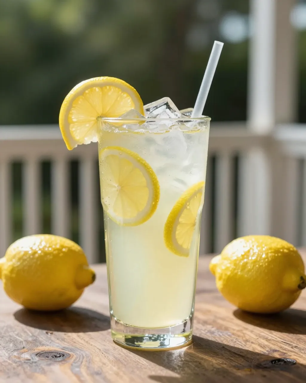 A tall glass of iced lemonade with lemon slices rests on a wooden porch table beside whole lemons in bright sun.
