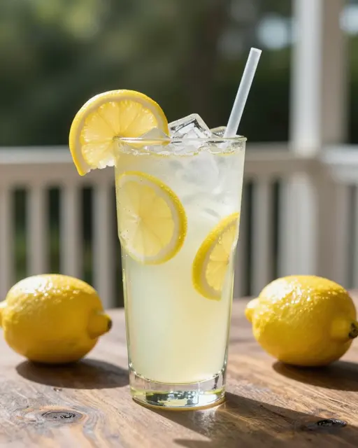 A tall glass of iced lemonade with lemon slices rests on a wooden porch table beside whole lemons in bright sun.