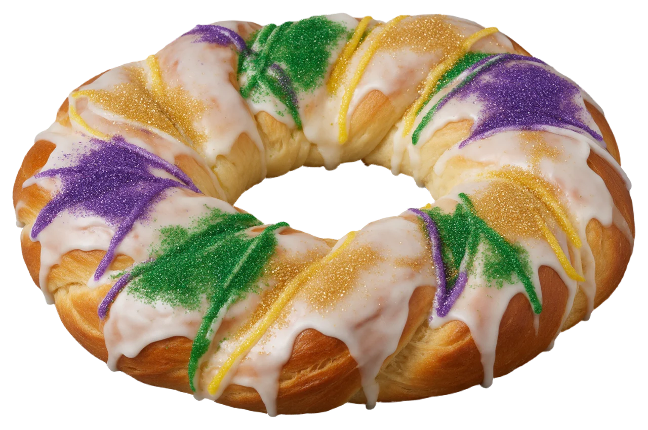 Whole braided ring king cake with white icing and purple, green, and gold sanding sugar garnish.