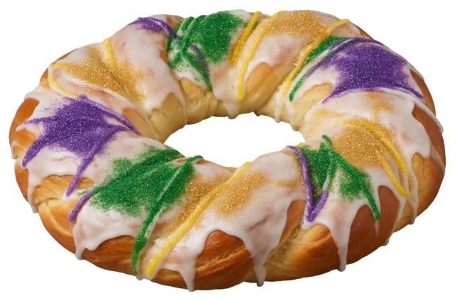 Whole braided ring king cake with white icing and purple, green, and gold sanding sugar garnish.