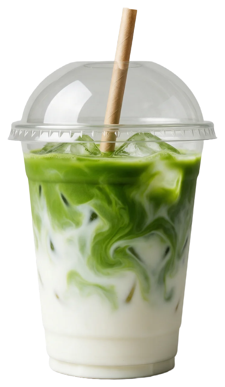 Iced matcha latte in a clear plastic takeaway cup with domed lid and paper straw