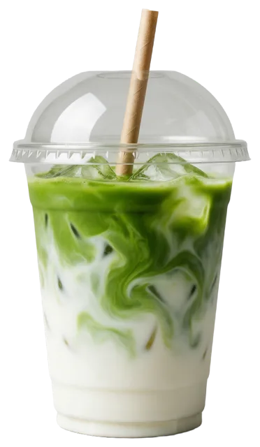 Iced matcha latte in a clear plastic takeaway cup with domed lid and paper straw