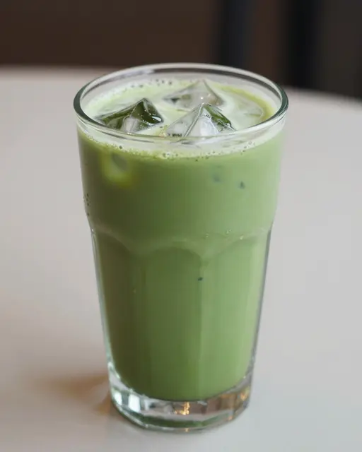 A tall faceted glass holds a creamy green iced matcha latte with floating ice cubes on a light tabletop.