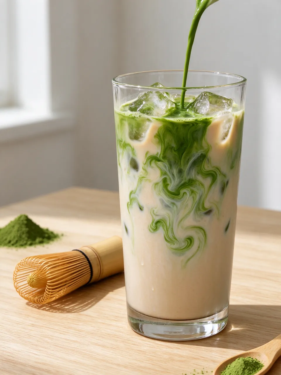 Green matcha pours into an iced oat milk latte in a tall glass next to a bamboo whisk on a sunlit wooden table