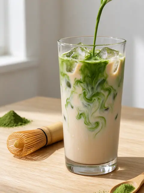 Green matcha pours into an iced oat milk latte in a tall glass next to a bamboo whisk on a sunlit wooden table