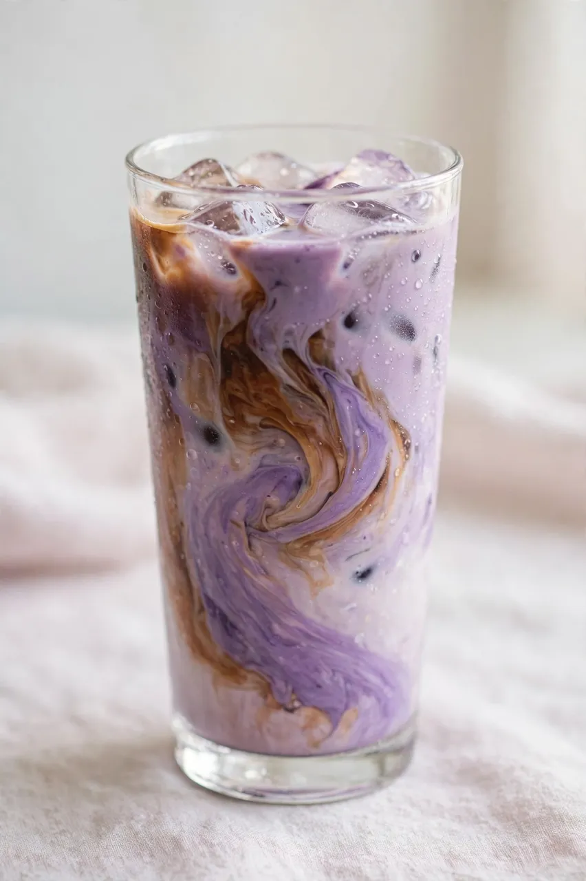 Tall glass of swirled purple and brown iced ube latte sits on a soft pale fabric surface.