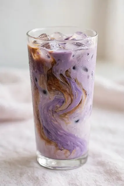 Tall glass of swirled purple and brown iced ube latte sits on a soft pale fabric surface.