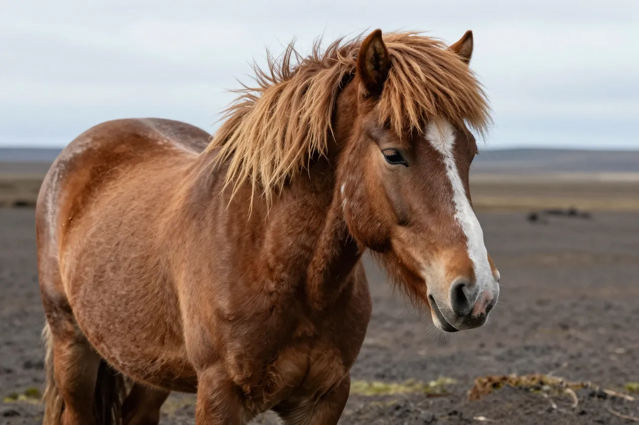 A chestnut Icelandic horse with a thick shaggy mane stands on an open rocky volcanic plain under an overcast sky.