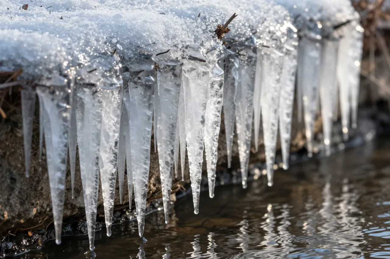 Glowing icicles hang from a snow-covered riverbank above rippling open water catching morning sunlight