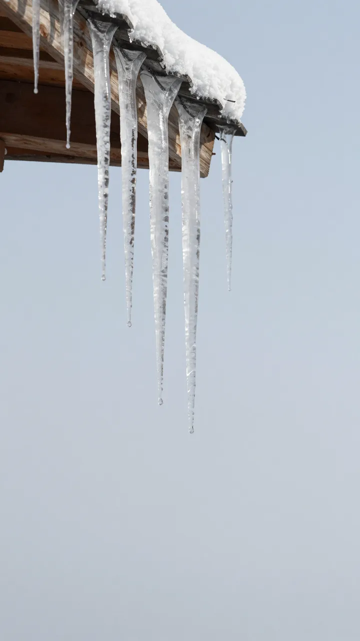 Clear icicles hang from a snow-dusted wooden roof eave against a pale overcast winter sky with empty copy space below.