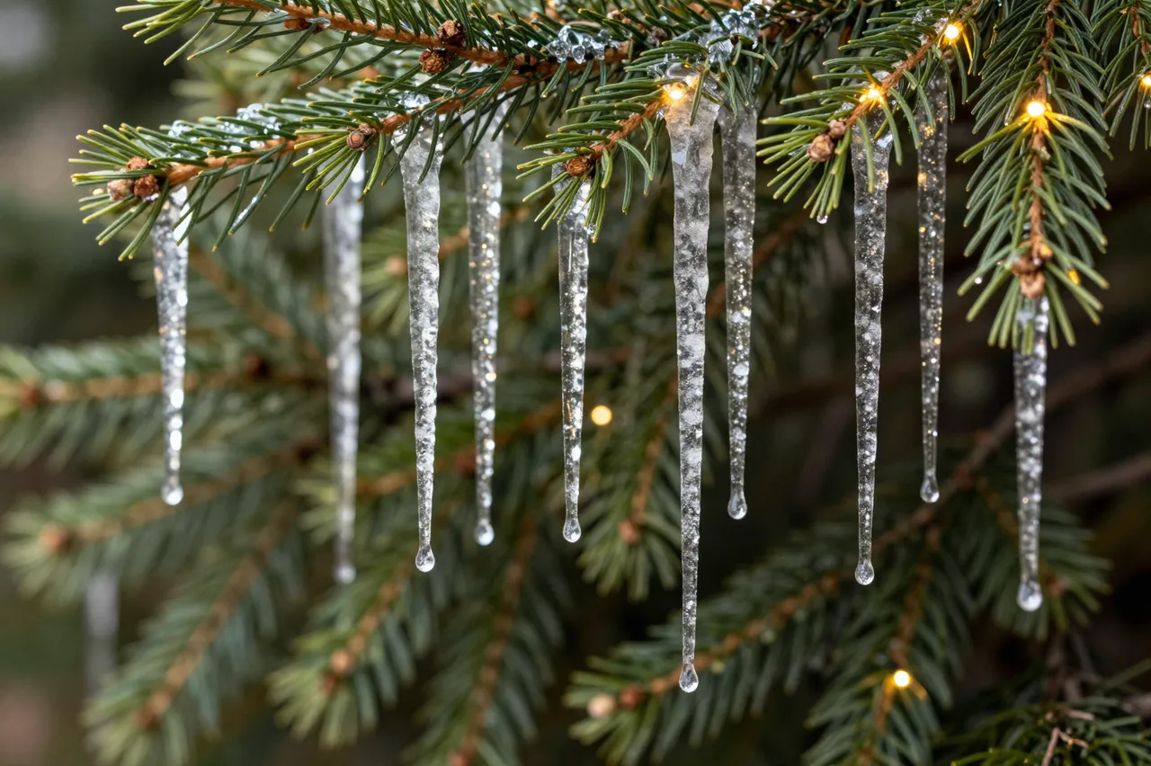 Clear frosted icicles hang from a fir branch strung with warm glowing fairy lights