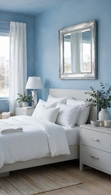 Calm bedroom interior with icy blue walls, white bedding, pale ash furniture and a silver framed wall mirror
