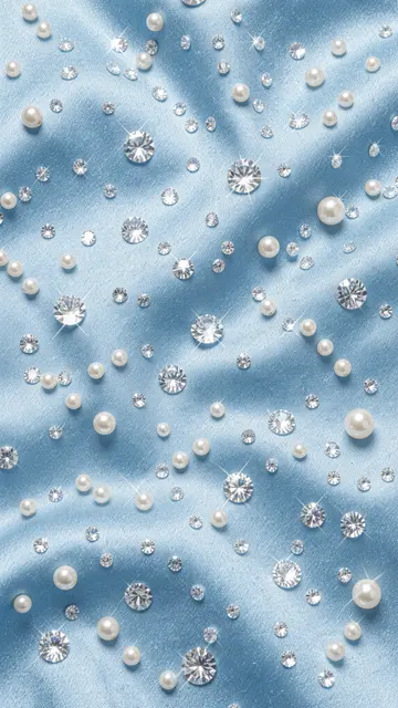 Scattered pearl beads and sparkling rhinestones rest on soft folded icy blue satin.