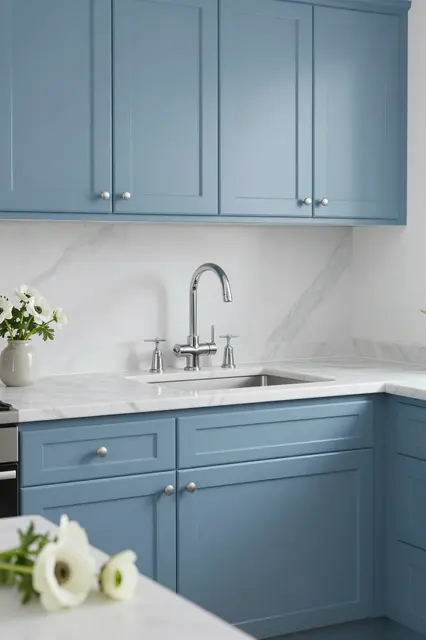Clean blue shaker kitchen cabinets with white marble countertops, chrome fixtures, and white anemone flowers