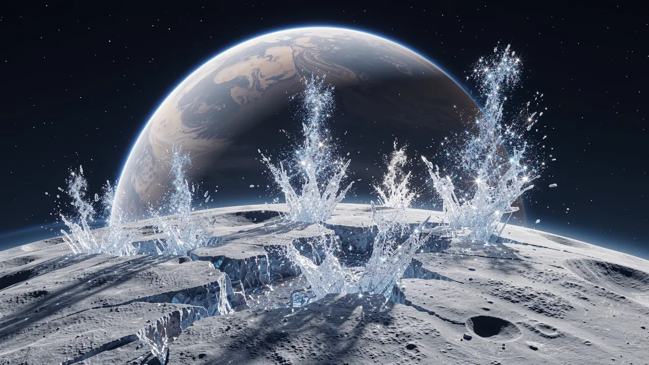Glittering ice plumes erupt from cracks on a frozen moon, with a giant gas planet hanging low on the starry horizon