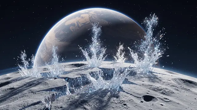 Glittering ice plumes erupt from cracks on a frozen moon, with a giant gas planet hanging low on the starry horizon