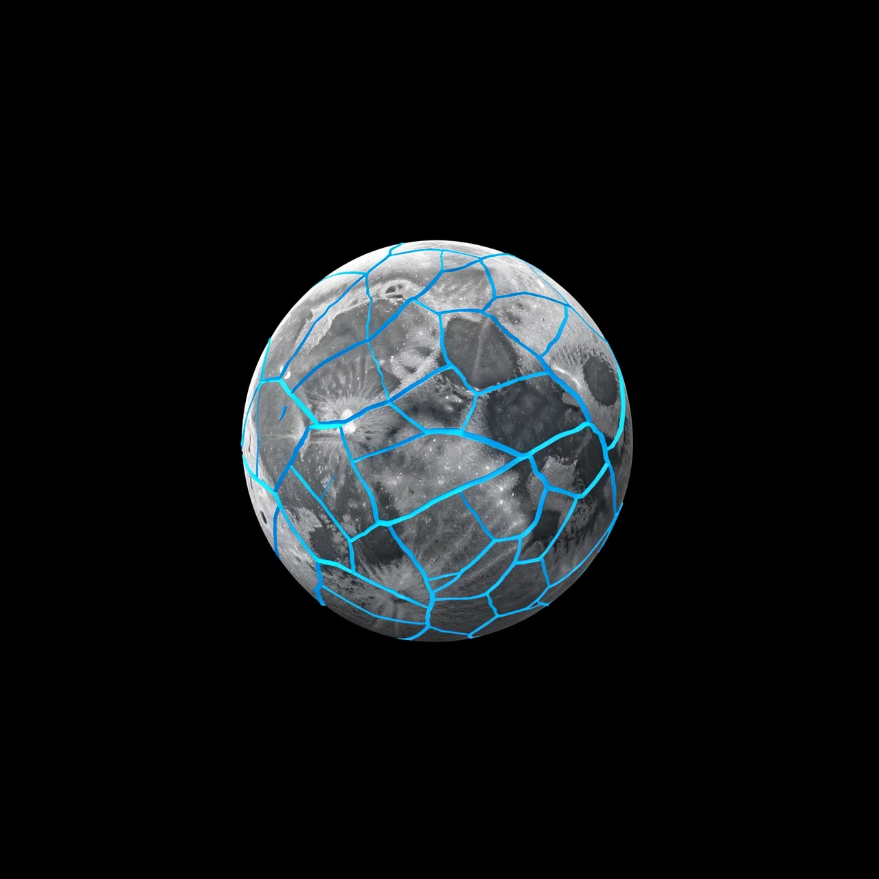 A small cratered icy moon crisscrossed by glowing blue cracks sits against a pure black space background