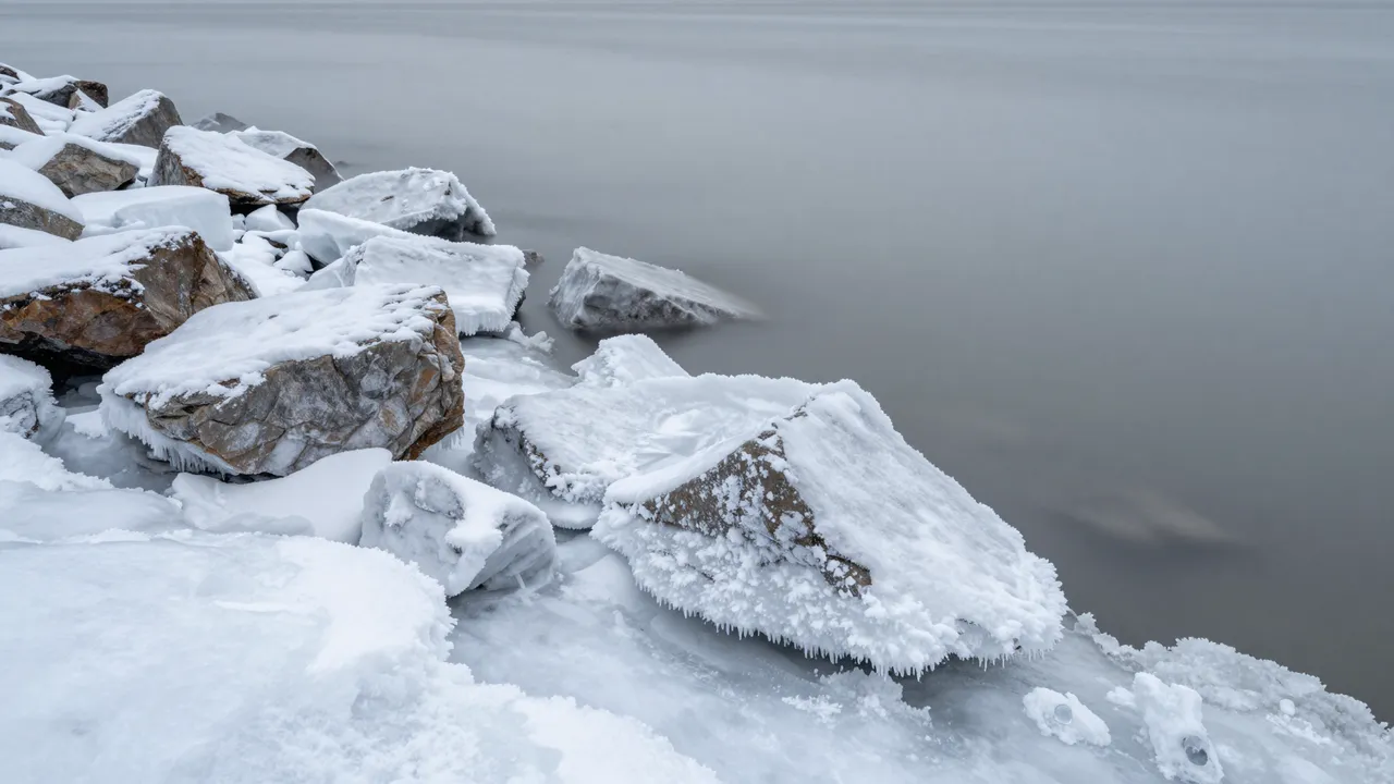 Ice and snow cover rocky shoreline next to smooth gray calm open water from a long exposure