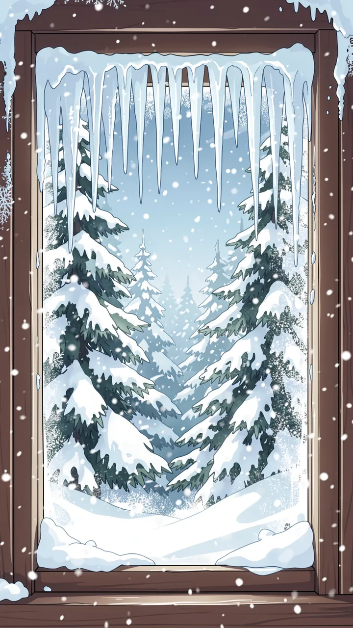 Anime-style illustration of icicles hanging from a frosty window looking out at a snow-covered pine forest during falling