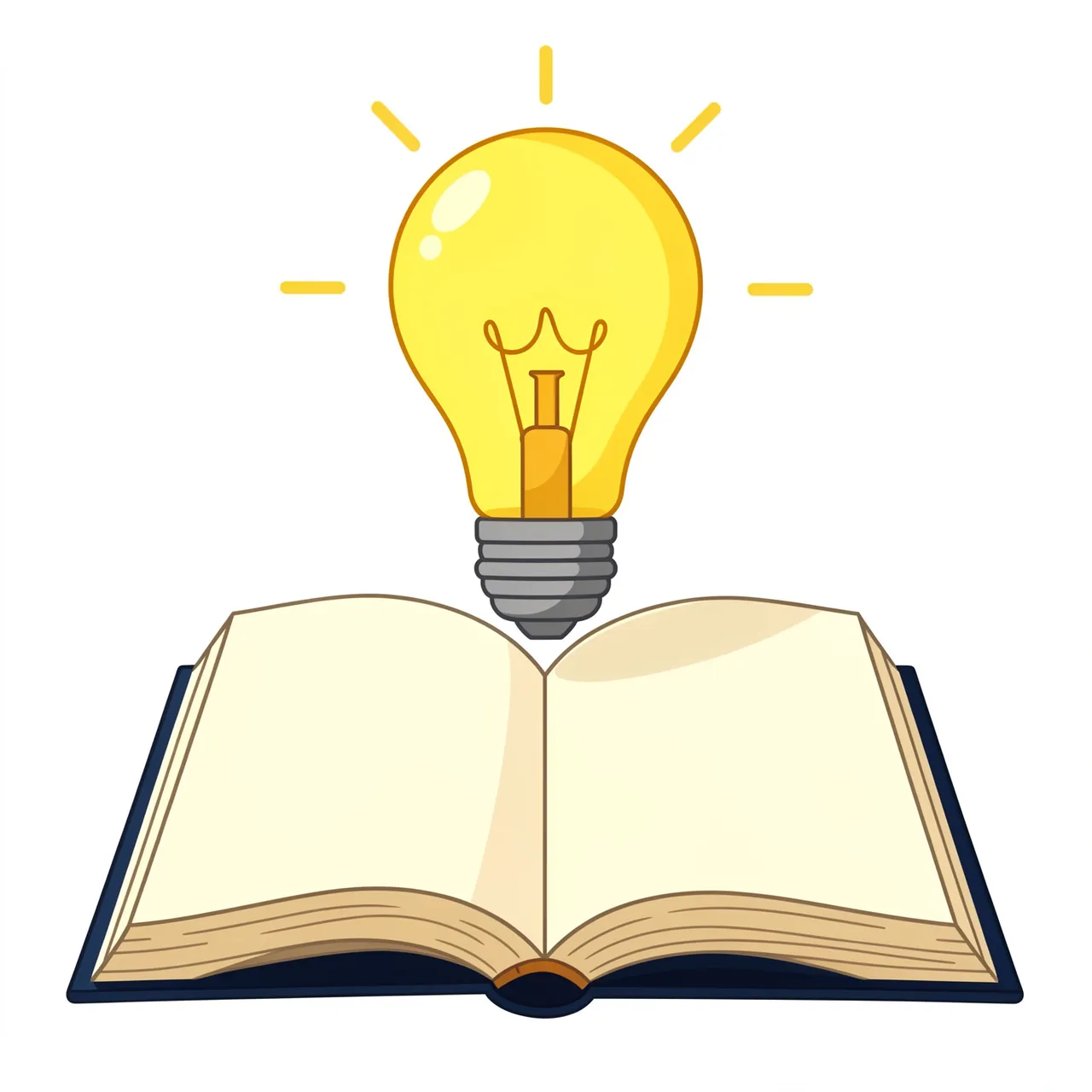 A glowing yellow light bulb hovers above an open book with blank pages on a plain white background