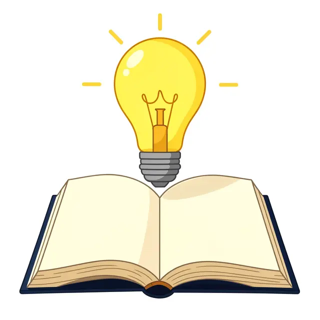 A glowing yellow light bulb hovers above an open book with blank pages on a plain white background