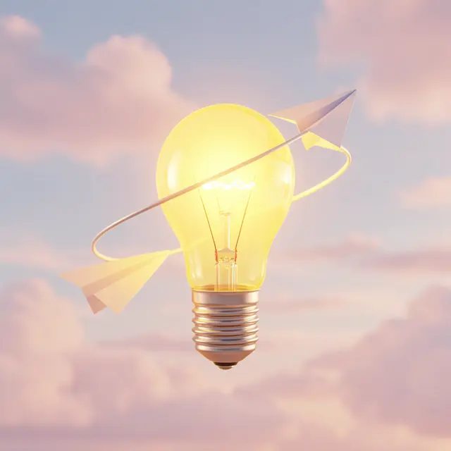 Glowing yellow light bulb encircled by a looping paper plane against a soft pastel sky