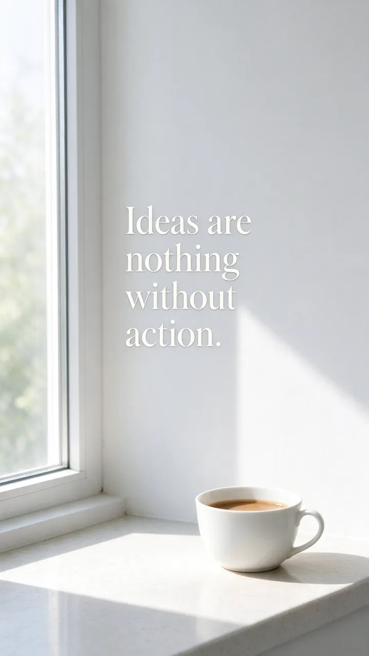 Sunlit windowsill with a white coffee cup and the quote "Ideas are nothing without action." in soft serif type