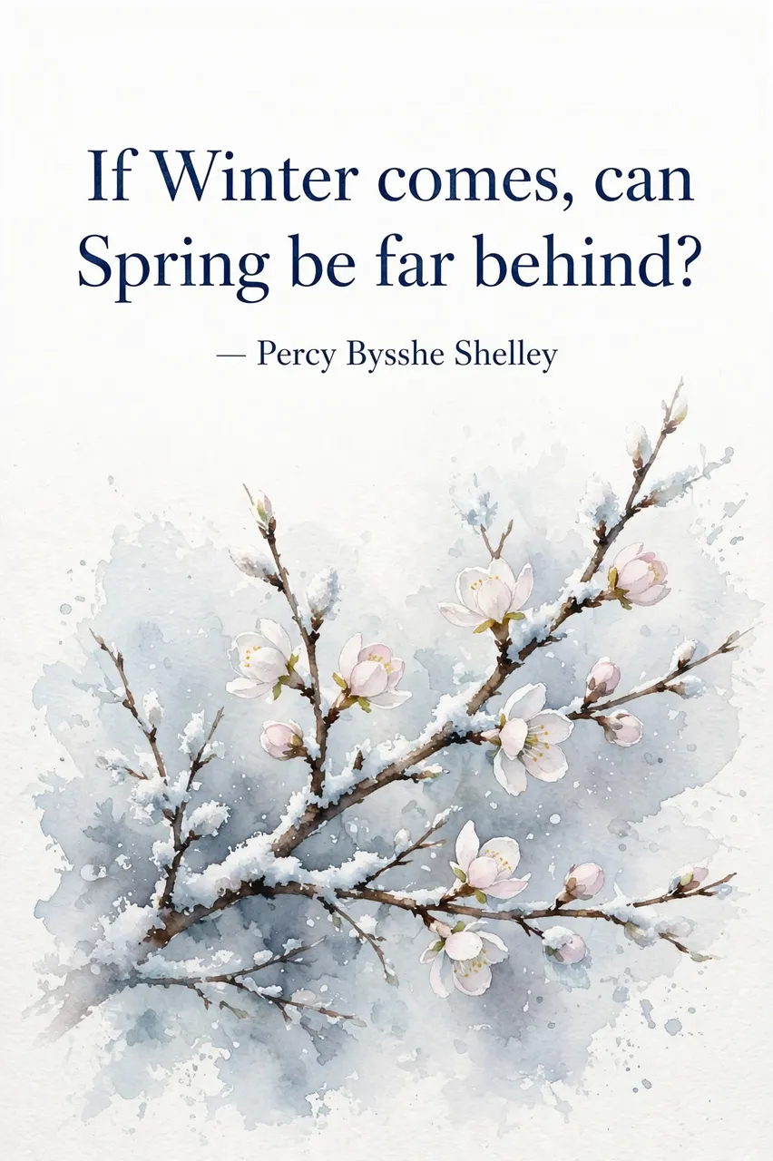 Watercolor of a snow-dusted blooming branch with the Shelley quote "If Winter comes, can Spring be far behind?" set in dark
