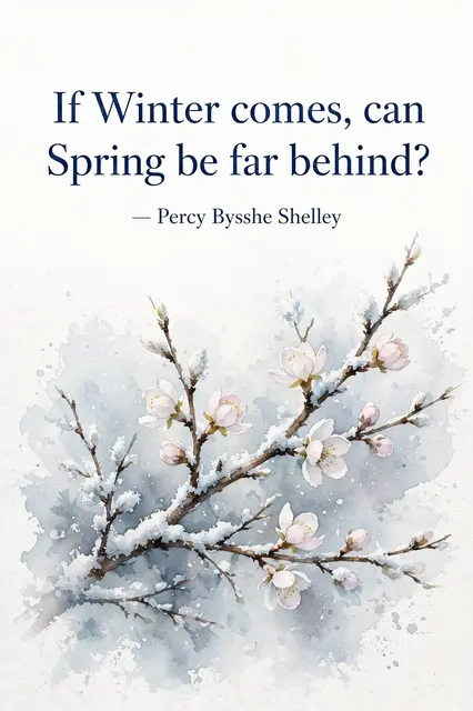 Watercolor of a snow-dusted blooming branch with the Shelley quote "If Winter comes, can Spring be far behind?" set in dark