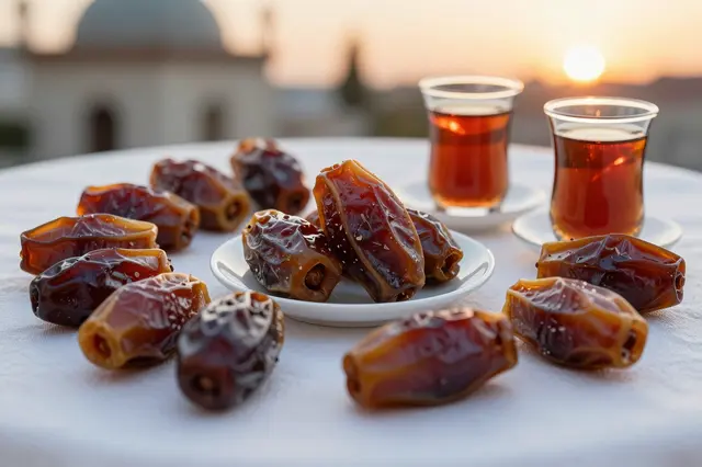 Dried dates and traditional glasses of tea rest on a white tablecloth at golden sunset with a blurred mosque in the