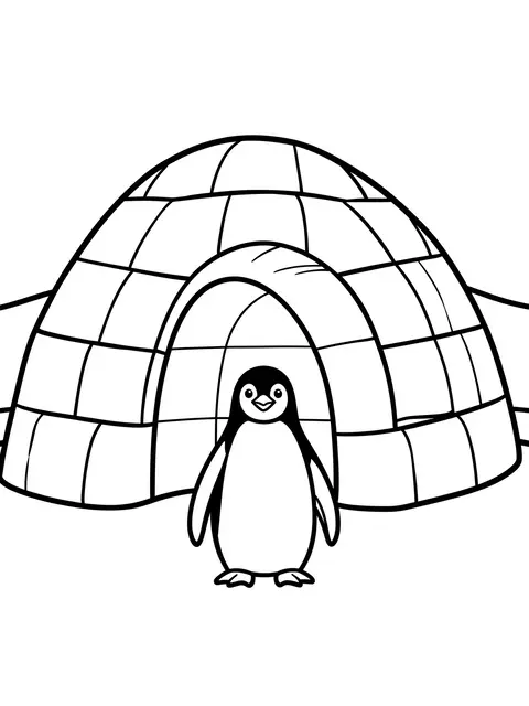 Bold black line art of a penguin standing in front of an igloo on a plain white background