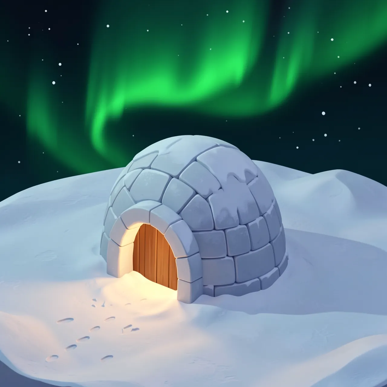 Isometric 3D illustration of a glowing igloo on snowy ground under bright green aurora borealis