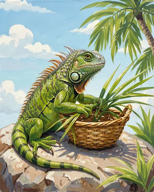 A gouache painted green iguana sits on a sunny rock arranging palm fronds in a small woven basket
