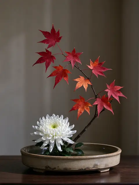 Ikebana arrangement of red maple leaves and a white chrysanthemum in a shallow stoneware dish on a wooden table