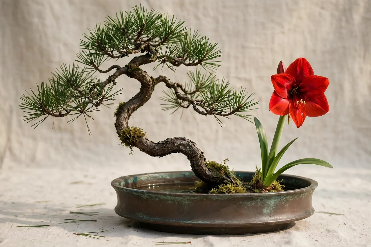 A twisting mossy pine branch and single red amaryllis sit in a low patinated bronze vessel against linen fabric.