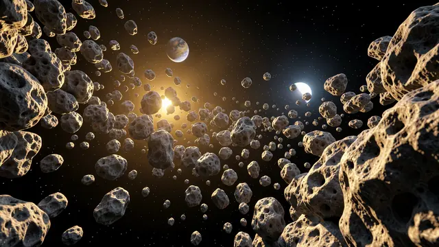 Golden starlight falls across a dense field of pockmarked gray asteroids with a distant small planet in dark starry space