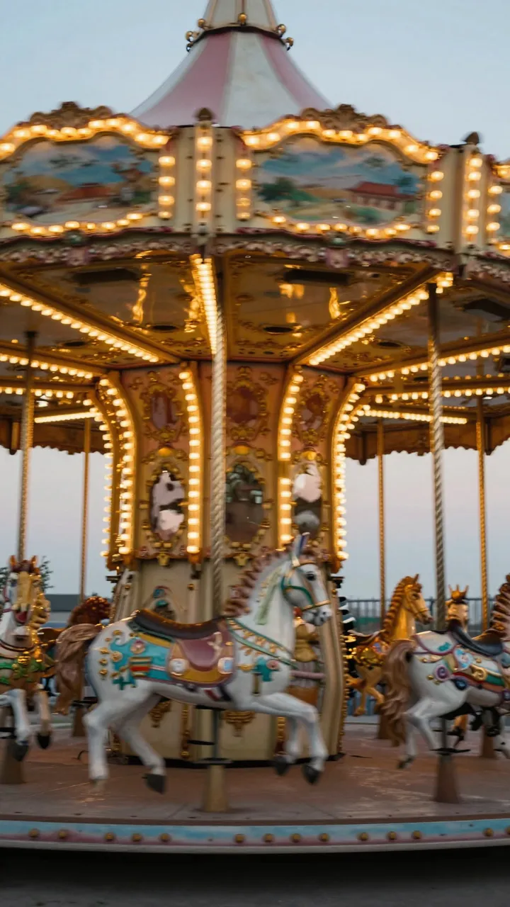 Ornate lit carousel with painted horses stands under a pale sky at twilight