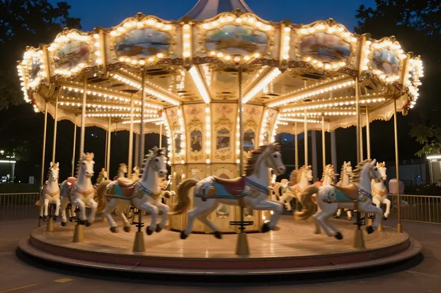 Lit ornate carousel with painted horses sits in a park as evening falls under a dark blue sky