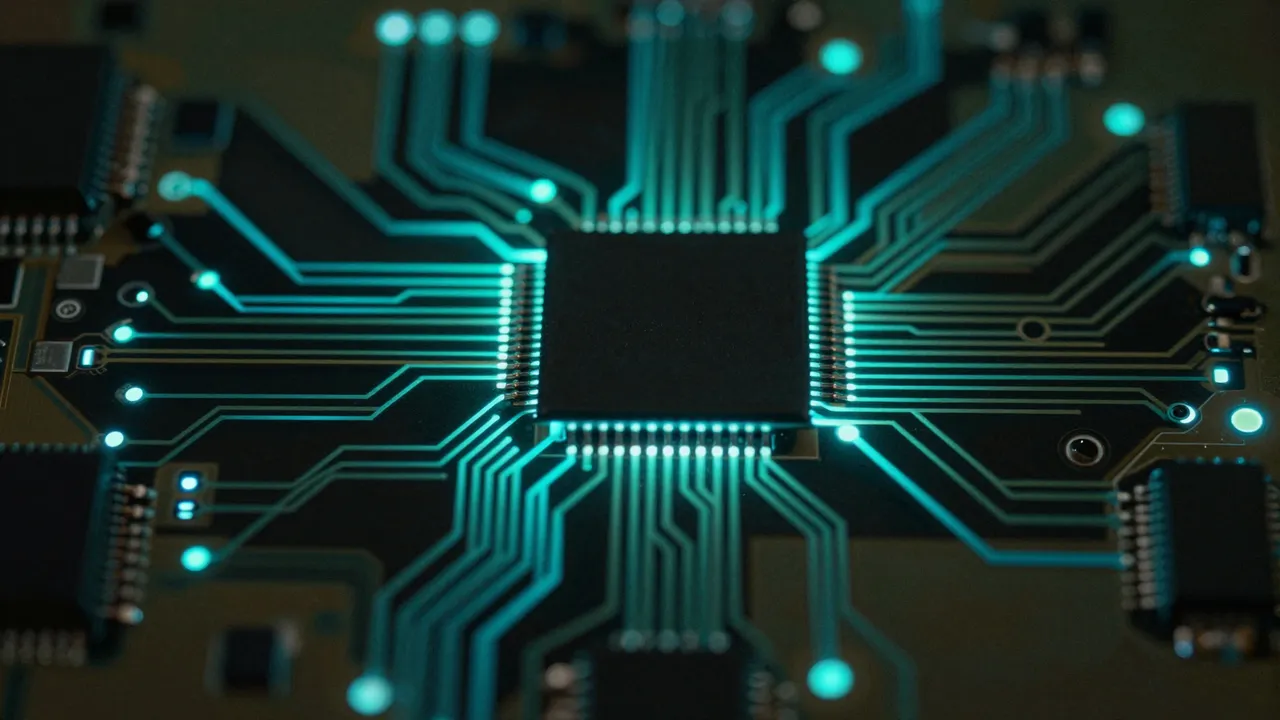 Macro shot of a circuit board with glowing cyan traces centered on a black microchip against a dark background