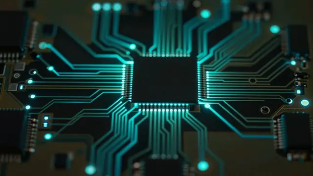 Macro shot of a circuit board with glowing cyan traces centered on a black microchip against a dark background