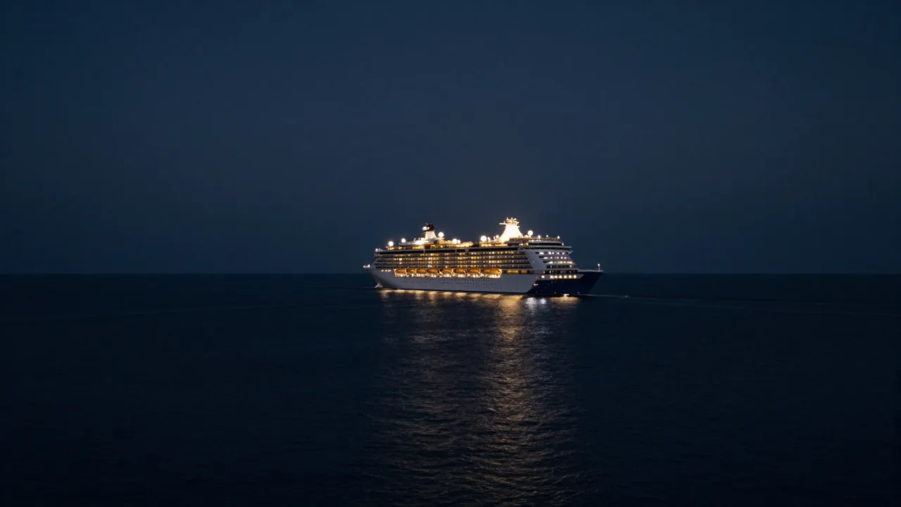 A lit cruise ship sails across calm dark ocean under a deep night sky, with glowing lights reflected on the water
